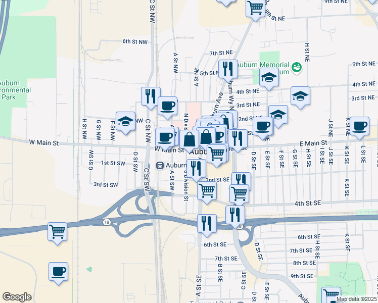 map of restaurants, bars, coffee shops, grocery stores, and more near 10 East Main Street in Auburn