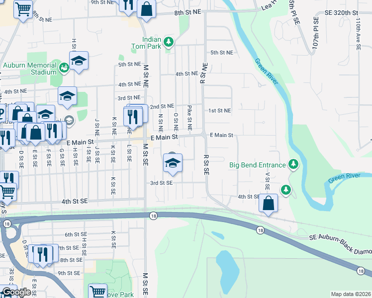 map of restaurants, bars, coffee shops, grocery stores, and more near 43 Pike Street Southeast in Auburn