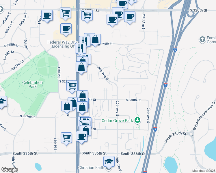 map of restaurants, bars, coffee shops, grocery stores, and more near 32926 19th Place South in Federal Way
