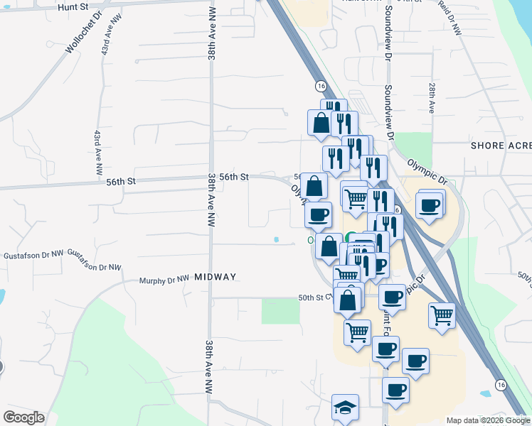 map of restaurants, bars, coffee shops, grocery stores, and more near 5402 35th Avenue Northwest in Gig Harbor