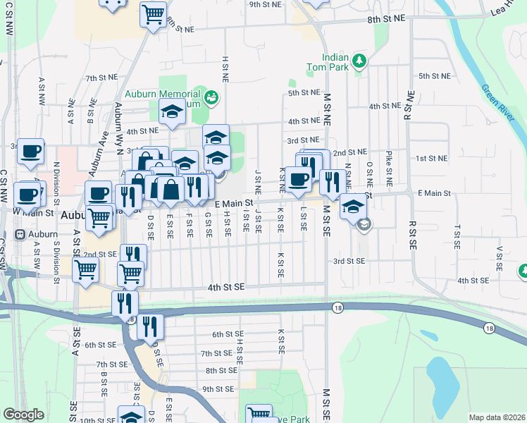 map of restaurants, bars, coffee shops, grocery stores, and more near 12 J Street Southeast in Auburn