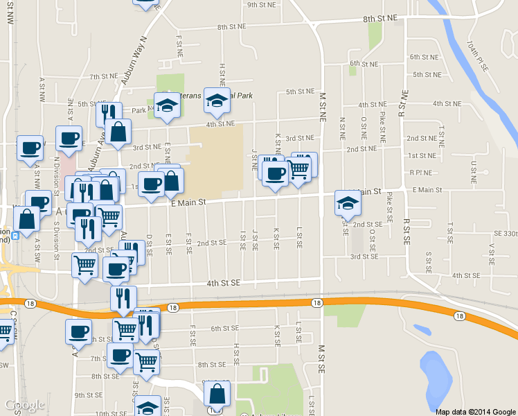map of restaurants, bars, coffee shops, grocery stores, and more near 12 J Street Southeast in Auburn