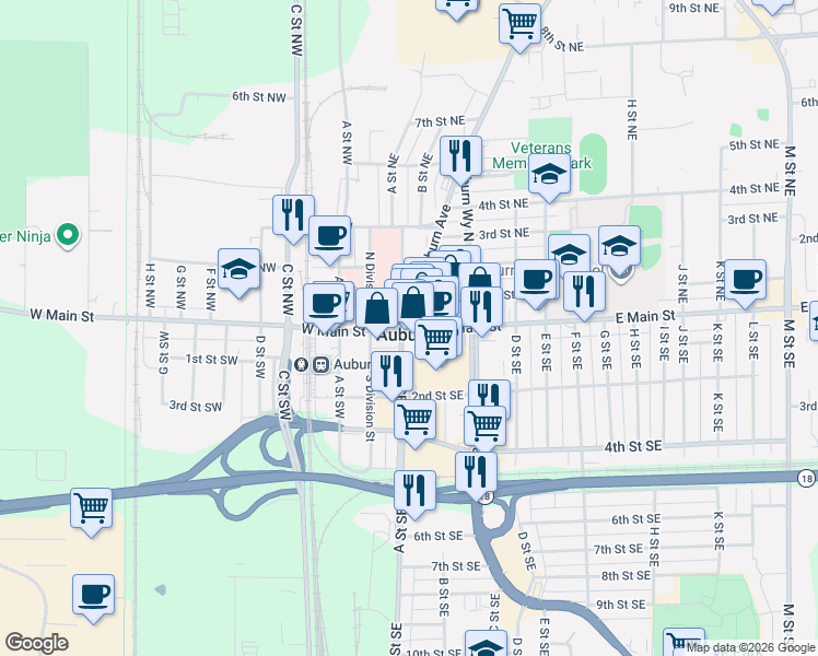 map of restaurants, bars, coffee shops, grocery stores, and more near in Auburn