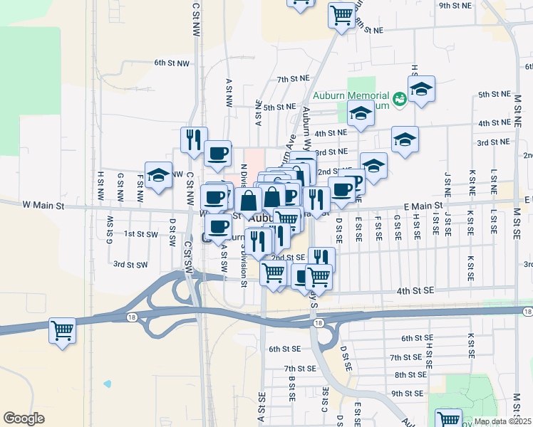 map of restaurants, bars, coffee shops, grocery stores, and more near in Auburn