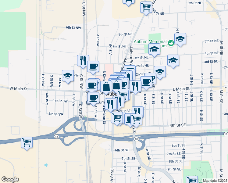 map of restaurants, bars, coffee shops, grocery stores, and more near 20 Auburn Avenue in Auburn
