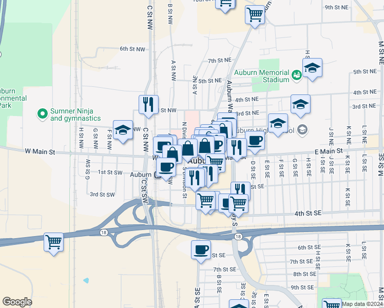 map of restaurants, bars, coffee shops, grocery stores, and more near in Auburn