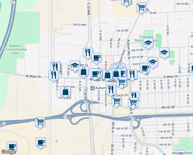 map of restaurants, bars, coffee shops, grocery stores, and more near in Auburn