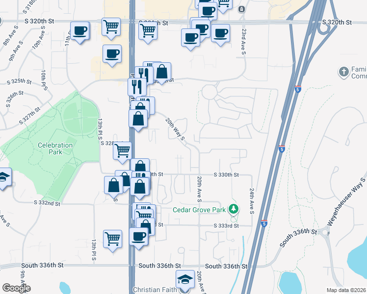map of restaurants, bars, coffee shops, grocery stores, and more near 32926 19th Place South in Federal Way