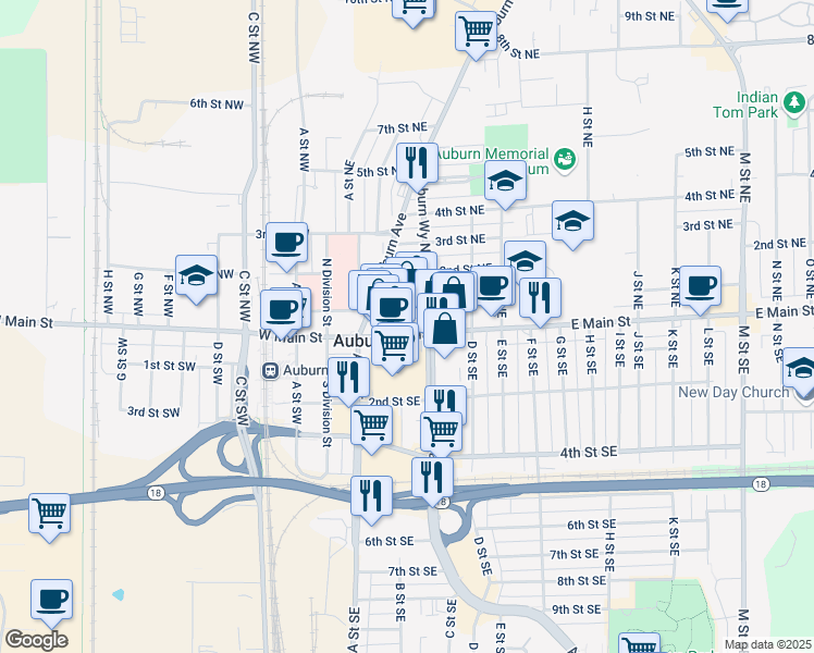 map of restaurants, bars, coffee shops, grocery stores, and more near 12 B Street Northeast in Auburn
