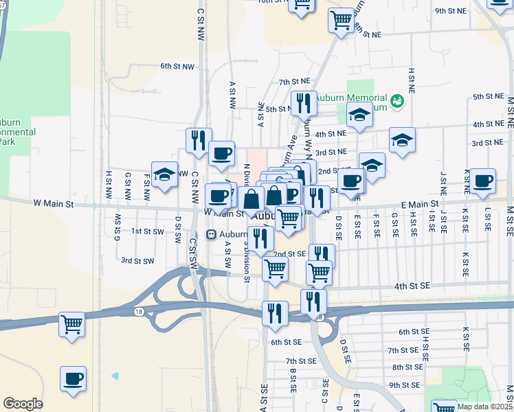 map of restaurants, bars, coffee shops, grocery stores, and more near in Auburn
