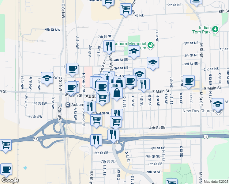 map of restaurants, bars, coffee shops, grocery stores, and more near 262 East Main Street in Auburn
