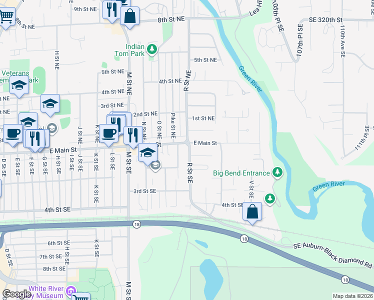 map of restaurants, bars, coffee shops, grocery stores, and more near 1601 East Main Street in Auburn