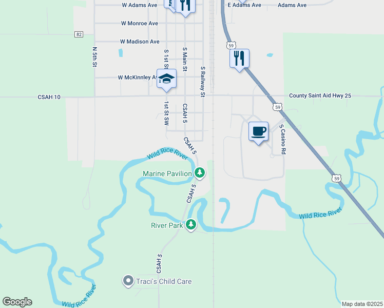 map of restaurants, bars, coffee shops, grocery stores, and more near 801 South Main Street in Mahnomen