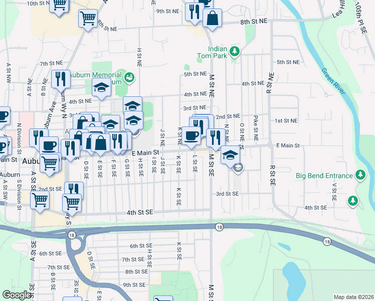 map of restaurants, bars, coffee shops, grocery stores, and more near 1110 East Main Street in Auburn