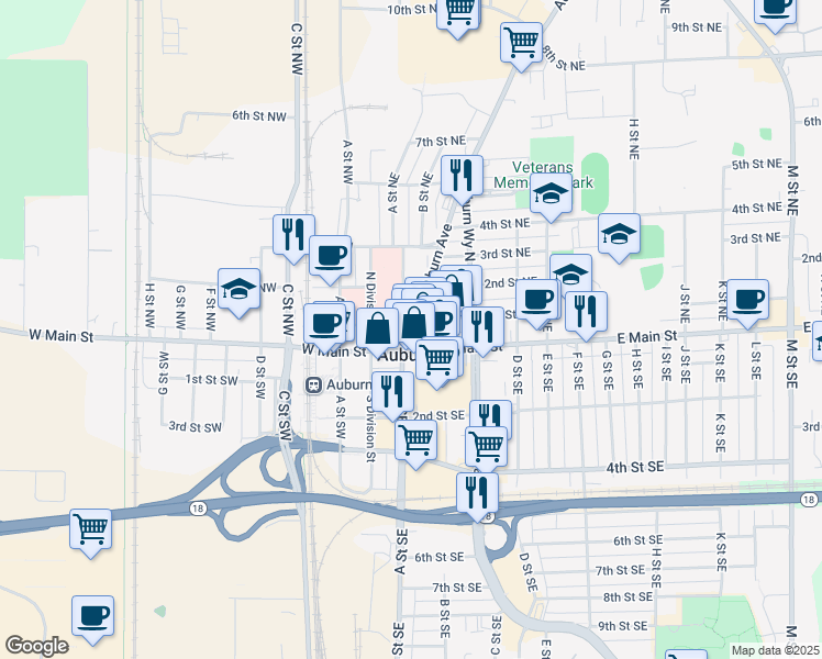 map of restaurants, bars, coffee shops, grocery stores, and more near 20 Auburn Ave in Auburn