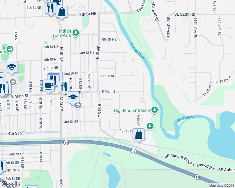 map of restaurants, bars, coffee shops, grocery stores, and more near 1811 East Main Street in Auburn