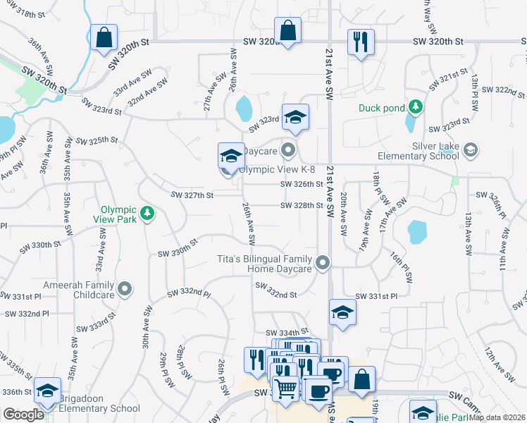 map of restaurants, bars, coffee shops, grocery stores, and more near 2442 Southwest 328th Street in Federal Way