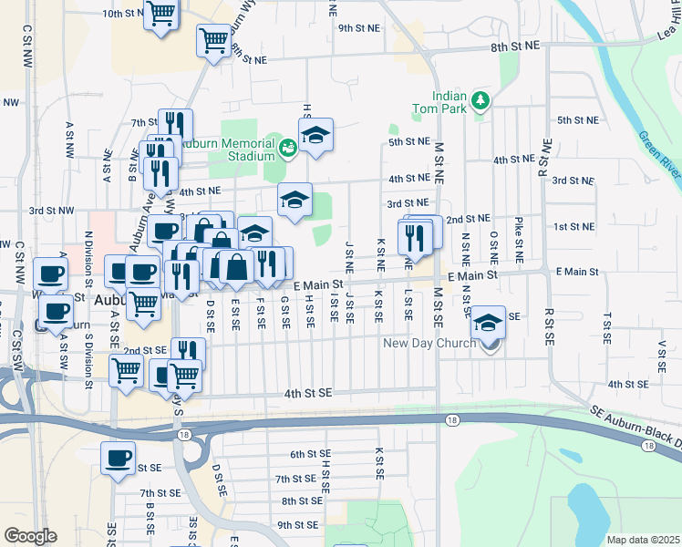 map of restaurants, bars, coffee shops, grocery stores, and more near 101 J Street Northeast in Auburn