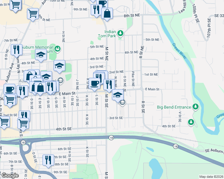 map of restaurants, bars, coffee shops, grocery stores, and more near 15 N Street Northeast in Auburn