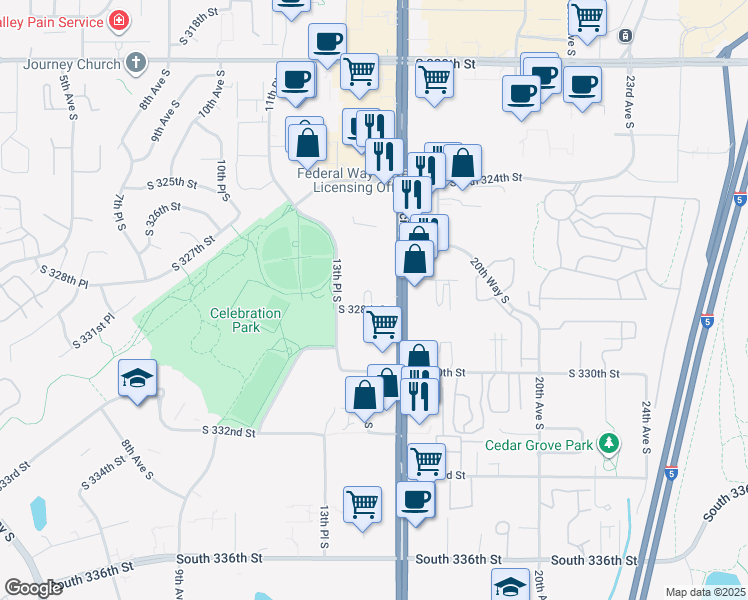 map of restaurants, bars, coffee shops, grocery stores, and more near 32723 Highway 99 in Federal Way