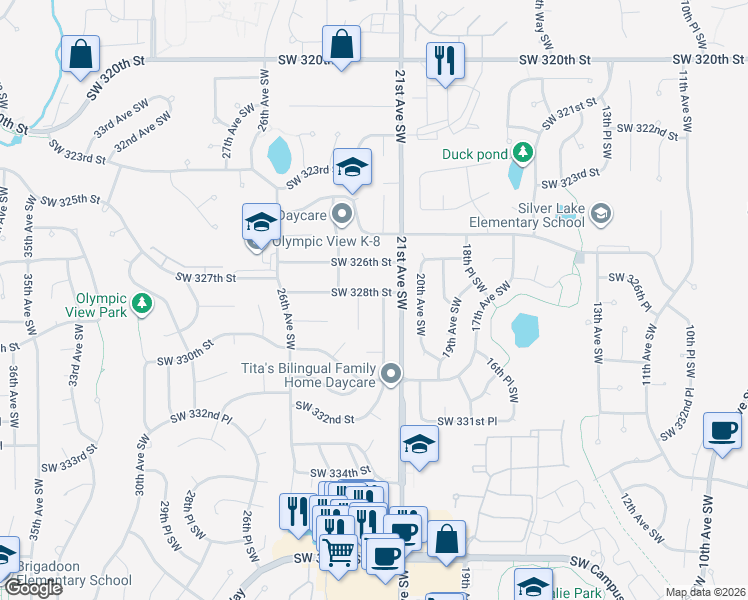 map of restaurants, bars, coffee shops, grocery stores, and more near 2218 Southwest 328th Street in Federal Way