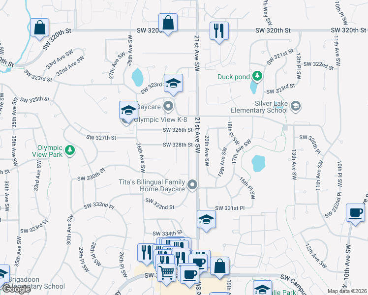 map of restaurants, bars, coffee shops, grocery stores, and more near 2218 Southwest 328th Street in Federal Way