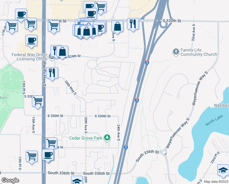 map of restaurants, bars, coffee shops, grocery stores, and more near 2101 South 324th Street in Federal Way