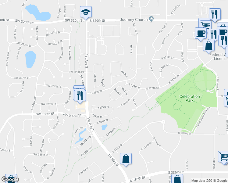 map of restaurants, bars, coffee shops, grocery stores, and more near 247 South 328th Lane in Federal Way