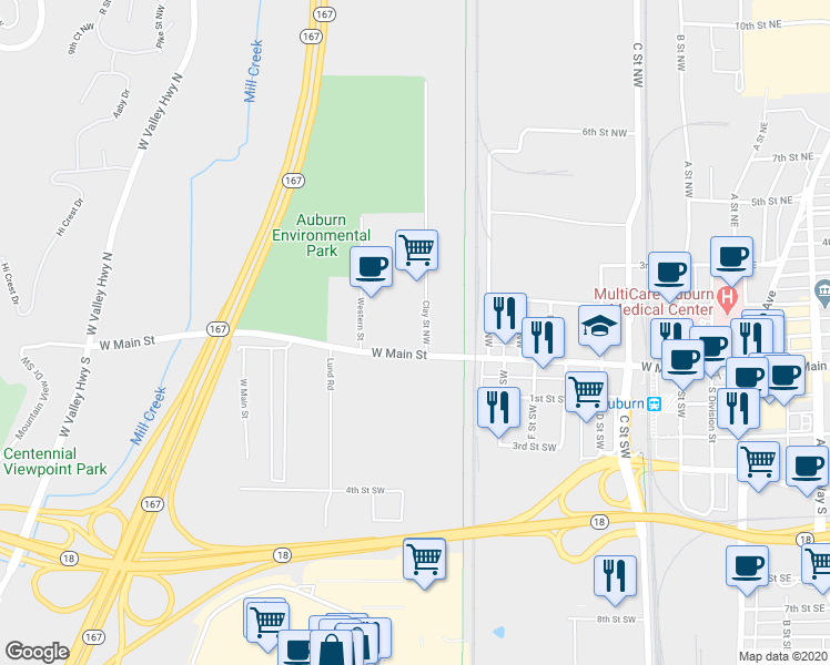 map of restaurants, bars, coffee shops, grocery stores, and more near 901 West Main Street in Auburn