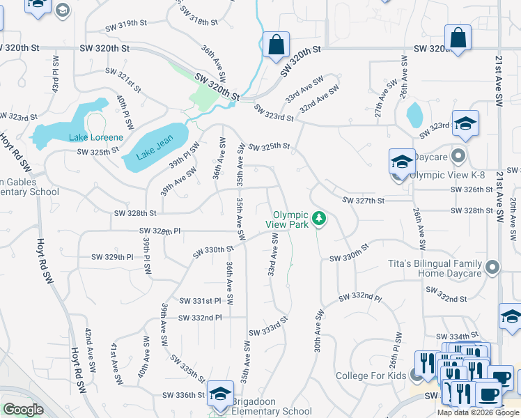 map of restaurants, bars, coffee shops, grocery stores, and more near 3319 Southwest 327th Place in Federal Way