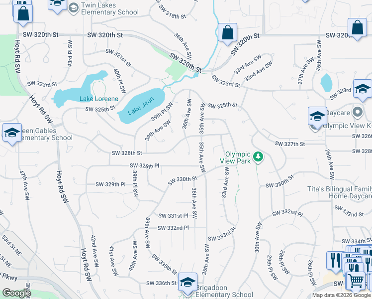 map of restaurants, bars, coffee shops, grocery stores, and more near 32725 36th Avenue Southwest in Federal Way