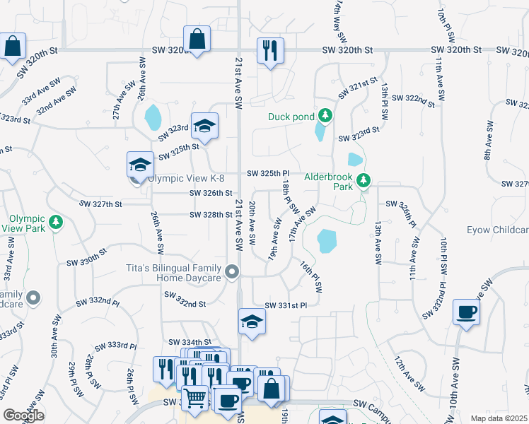 map of restaurants, bars, coffee shops, grocery stores, and more near 32703 19th Pl SW in Federal Way