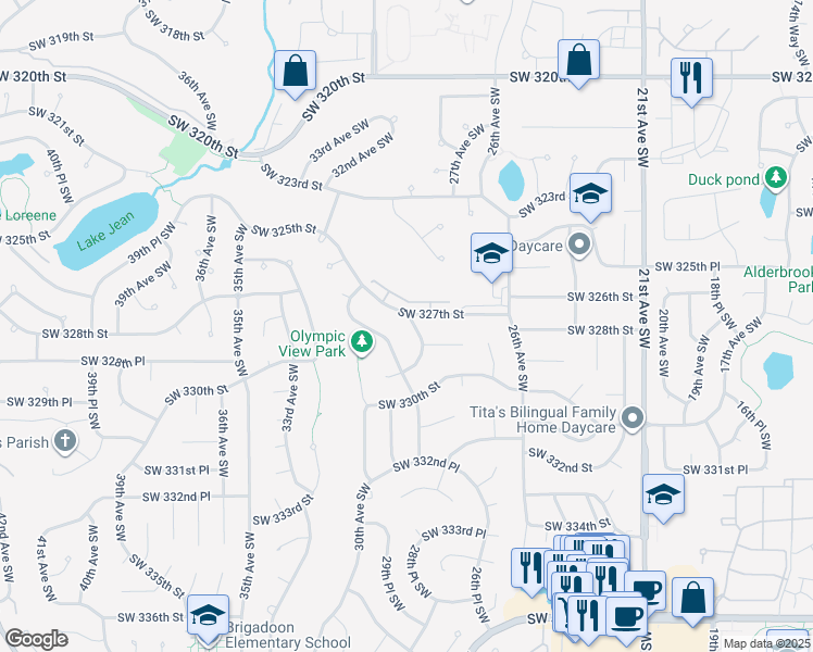 map of restaurants, bars, coffee shops, grocery stores, and more near 3271 28th Avenue Southwest in Federal Way