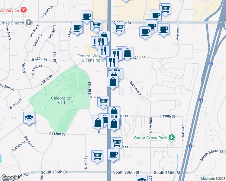 map of restaurants, bars, coffee shops, grocery stores, and more near 32700 Highway 99 in Federal Way