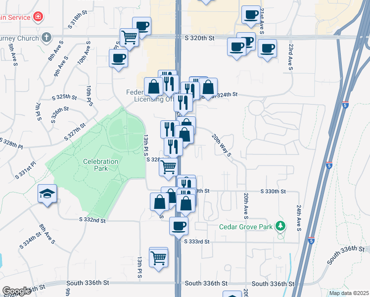 map of restaurants, bars, coffee shops, grocery stores, and more near 32700 Highway 99 in Federal Way