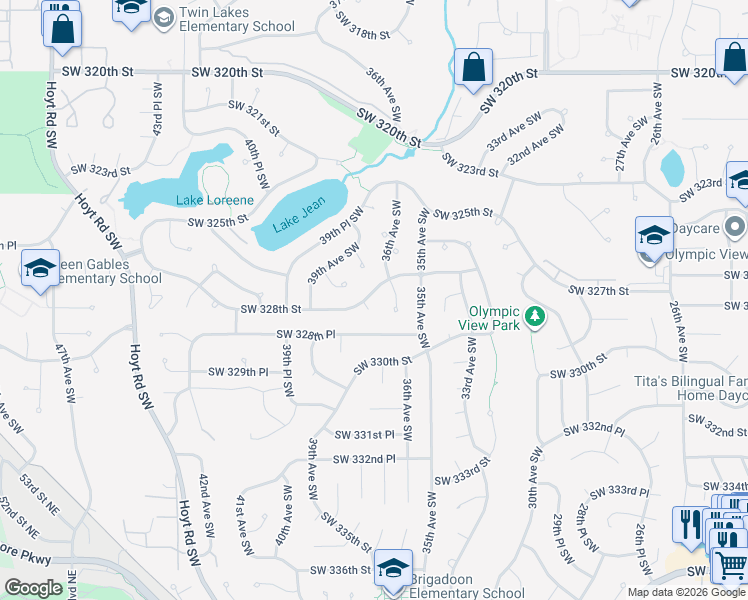map of restaurants, bars, coffee shops, grocery stores, and more near 3613 Southwest 328th Street in Federal Way