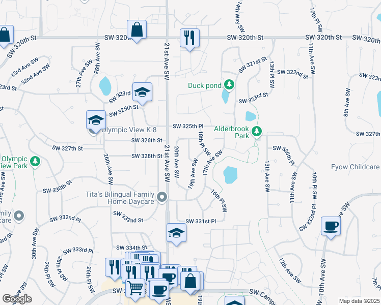 map of restaurants, bars, coffee shops, grocery stores, and more near 32703 19th Place Southwest in Federal Way