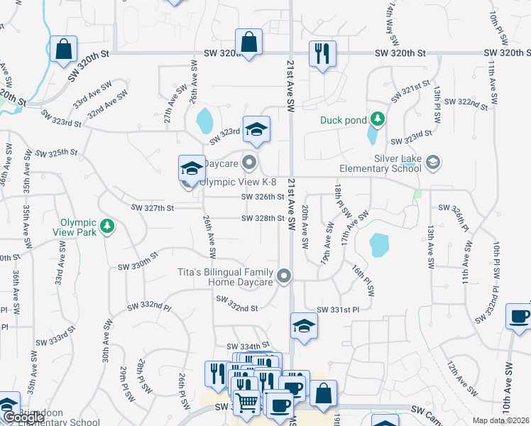 map of restaurants, bars, coffee shops, grocery stores, and more near 2218 Southwest 328th Street in Federal Way