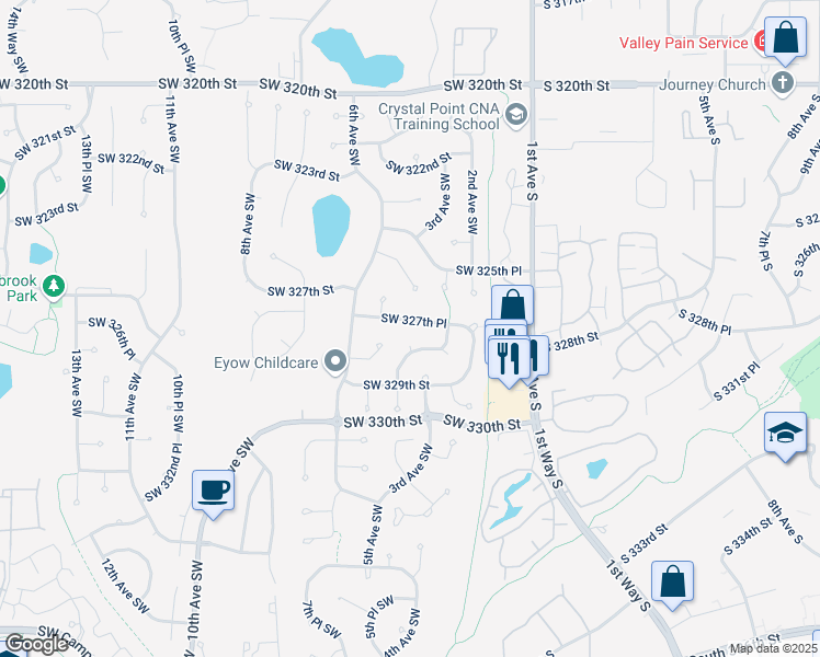 map of restaurants, bars, coffee shops, grocery stores, and more near 500 Southwest 328th Court in Federal Way
