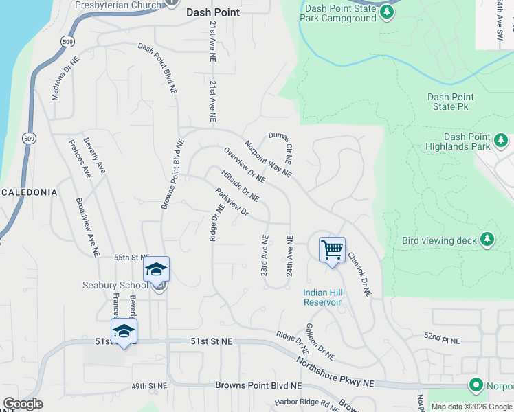 map of restaurants, bars, coffee shops, grocery stores, and more near 2014 Hillside Drive Northeast in Tacoma