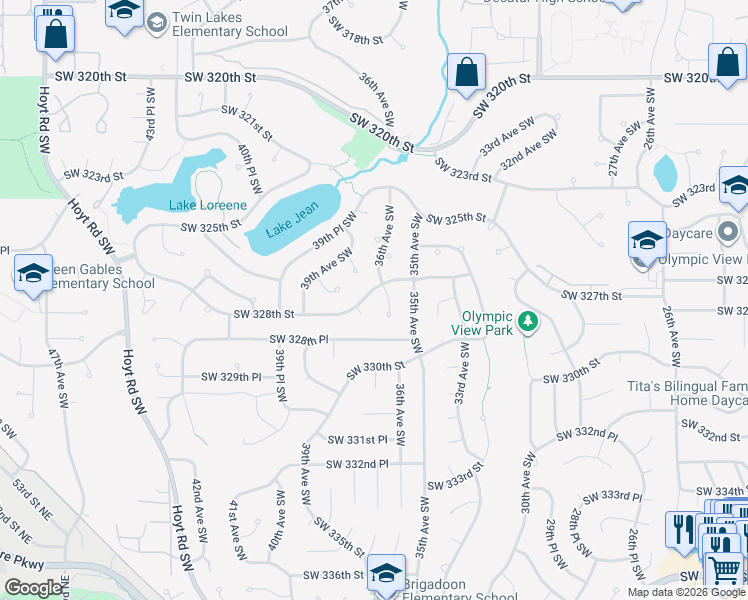 map of restaurants, bars, coffee shops, grocery stores, and more near 3613 Southwest 328th Street in Federal Way