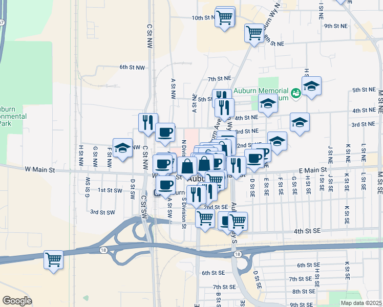 map of restaurants, bars, coffee shops, grocery stores, and more near 202 North Division Street in Auburn