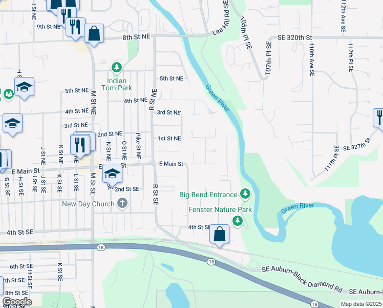 map of restaurants, bars, coffee shops, grocery stores, and more near 1813 East Main Street in Auburn