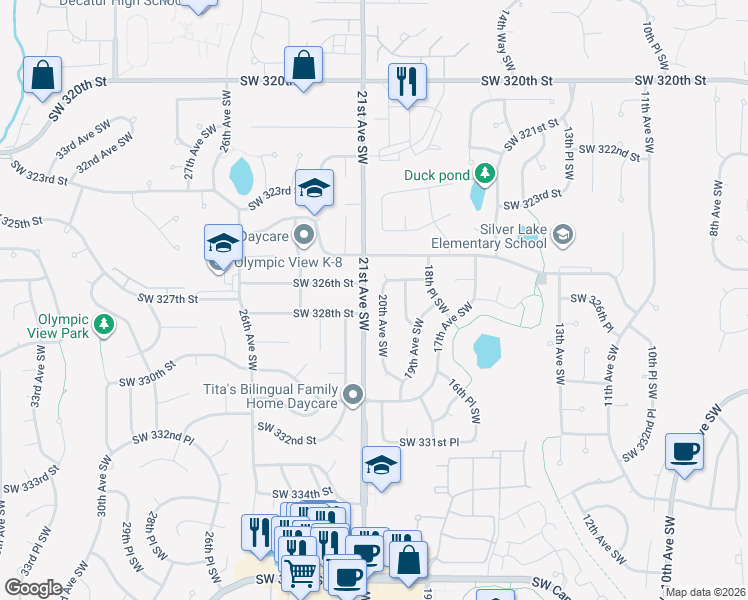 map of restaurants, bars, coffee shops, grocery stores, and more near 2104 Southwest 328th Street in Federal Way