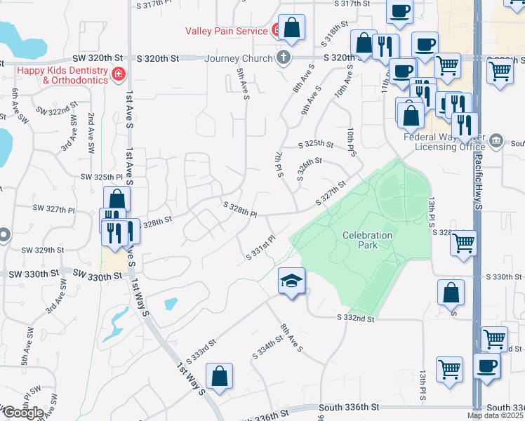 map of restaurants, bars, coffee shops, grocery stores, and more near 520 South 328th Place in Federal Way