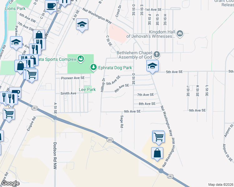 map of restaurants, bars, coffee shops, grocery stores, and more near 320 6th Avenue Southeast in Ephrata