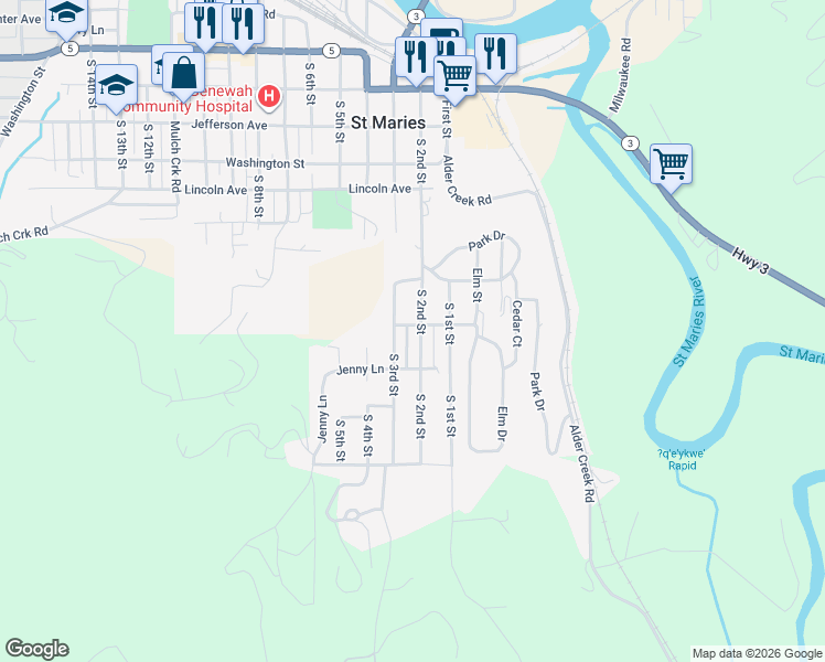 map of restaurants, bars, coffee shops, grocery stores, and more near 930 South 3rd Street in Saint Maries