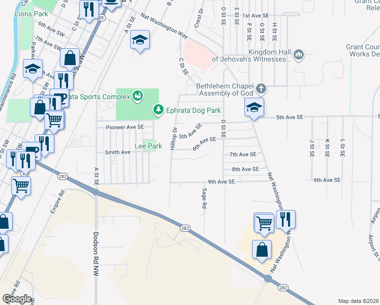 map of restaurants, bars, coffee shops, grocery stores, and more near 320 6th Avenue Southeast in Ephrata
