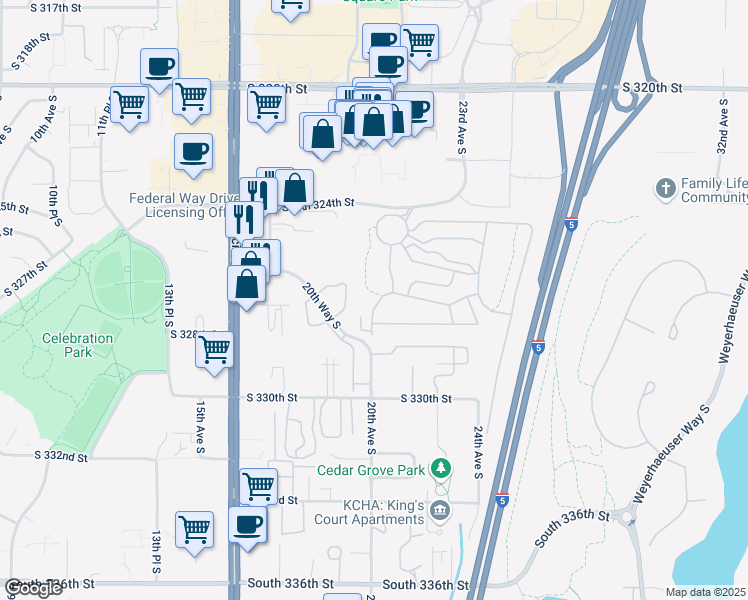 map of restaurants, bars, coffee shops, grocery stores, and more near 2101 South 324th Street in Federal Way