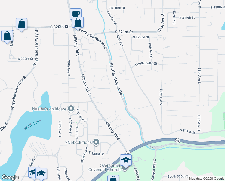 map of restaurants, bars, coffee shops, grocery stores, and more near 32606 44th Avenue South in Federal Way